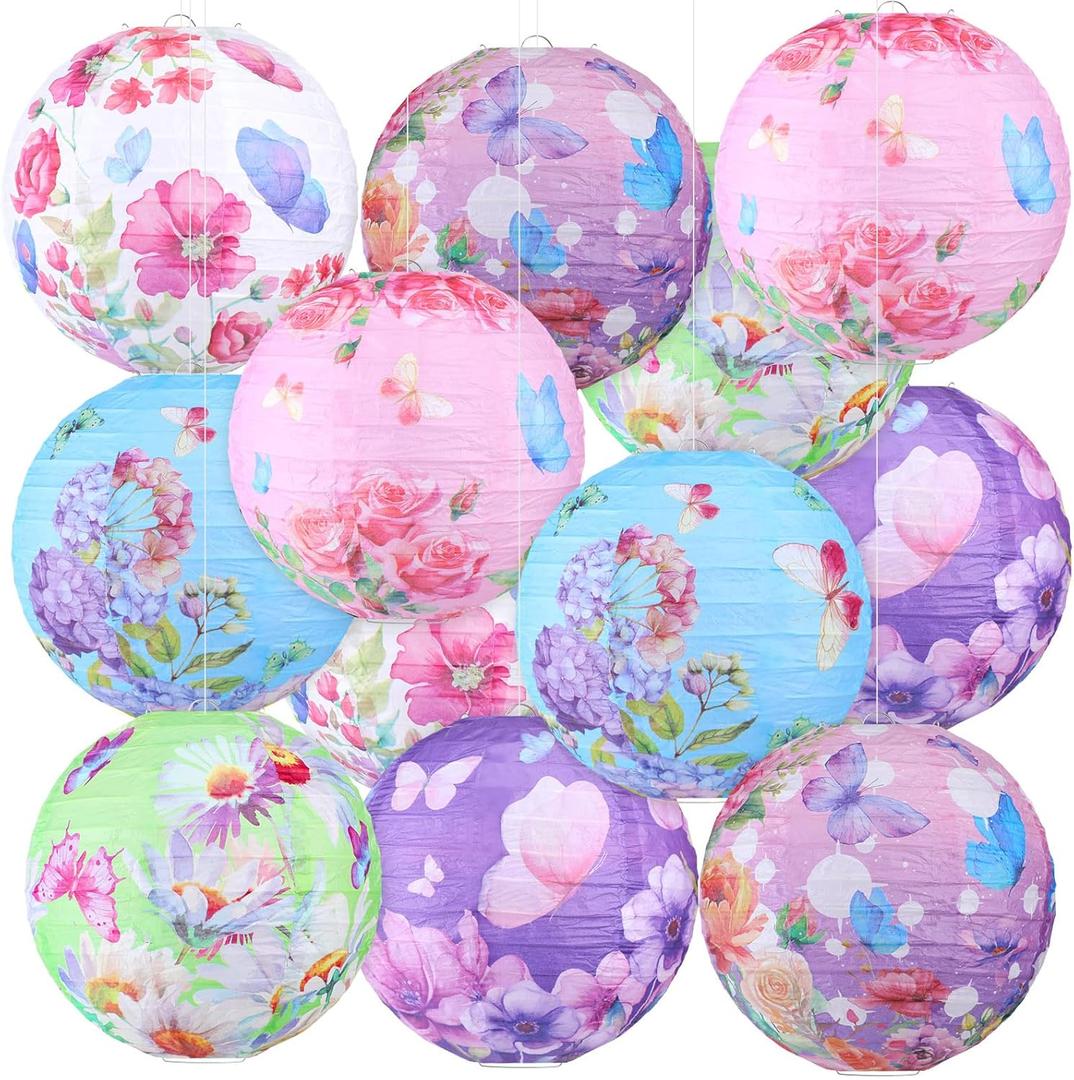 Panelee 12 Pcs Spring Party Decorations Butterfly Floral Paper Lanterns 8 Inches Hanging Round Pink Purple Flower Paper Lanterns for Summer Tea Party Baby Shower Wedding Bridal Ceiling Decor Supplies