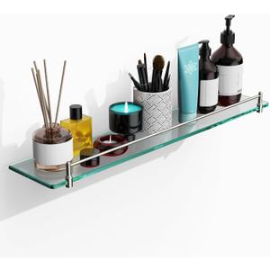 24 Inch Glass Bathroom Shelves,Brushed Nickel Floating Shelves for Wall Rectangular Modern Stainless Steel Glass Shelf for Bathroom Shelves Wall Mounted, 24"with railing