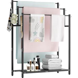 44 Tall Free Standing Towel Racks with 6 Hooks for Bathroom, 3 Tiers Oversized Pool Bath Towels Drying Stand, Metal Blanket Ladder Holder with Storage Shelf for Bedroom Living Room, Black