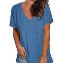 TODOLOR V Neck Shirts for Women Short Sleeve Loose Fitting Tunic Tops for Leggings Blue S