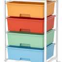 Utility-Rolling-Storage-Drawer-Craft-Cart-Organizer with 4 Drawers and Wooden Tabletop & Lockable Wheels for Home Office, Bedroom, Kids Room, Classroom, 4 Tiers Under Desk Drawer Cart, Macaron