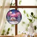 Winter Scene Christmas Suncatchers Stained Glass Window Hanging, Farmhouse Winter Landscape Sun Catchers Indoor Window Glass Round Wall Decor, Christmas Wall Hanging Decorations, 7.9x7.9in