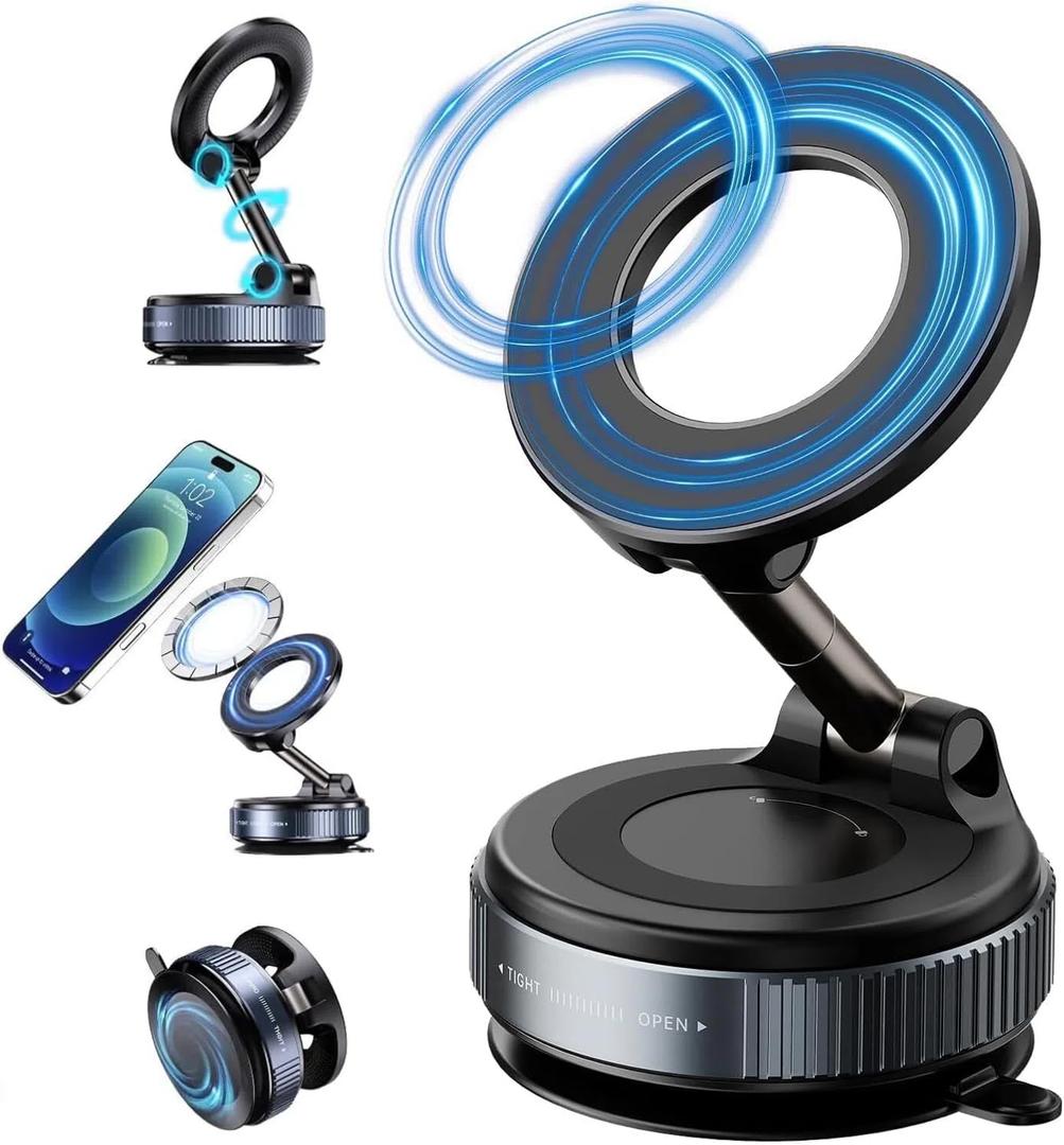Vacuum Magnetic Phone Holder - 360 Adjustable Magsafe Car Mount, Foldable Car Phone Holder with Strong Suction Cup Mount, Universal Fit for All Smartphones