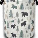 Bear Pine Tree Laundry Basket,Wild Animal Laundry Hamper Waterproof Oxford Cloth Tote Collapsible,Clothes Storage Bucket Decorative Toy Organizer For Bathroom Bedroom 16" x 20.8"