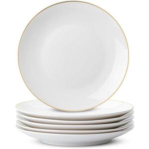 BTaT- White Dessert Plates with Gold Rim, Set of 6, 8" Round, Porcelain, Elegant Style, Dinner Plates
