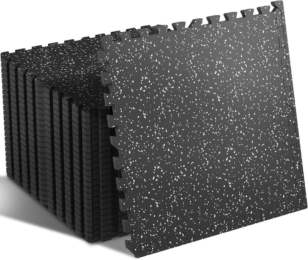 SUPERJARE 0.4'' Thick 24 Pcs 96 Sq Ft Rubber Top Exercise Equipment Mats, High Density EVA Foam Mats with Rubber Top, Interlocking Gym Flooring for Home Gym, Protective Workout Mat, Black/Grey