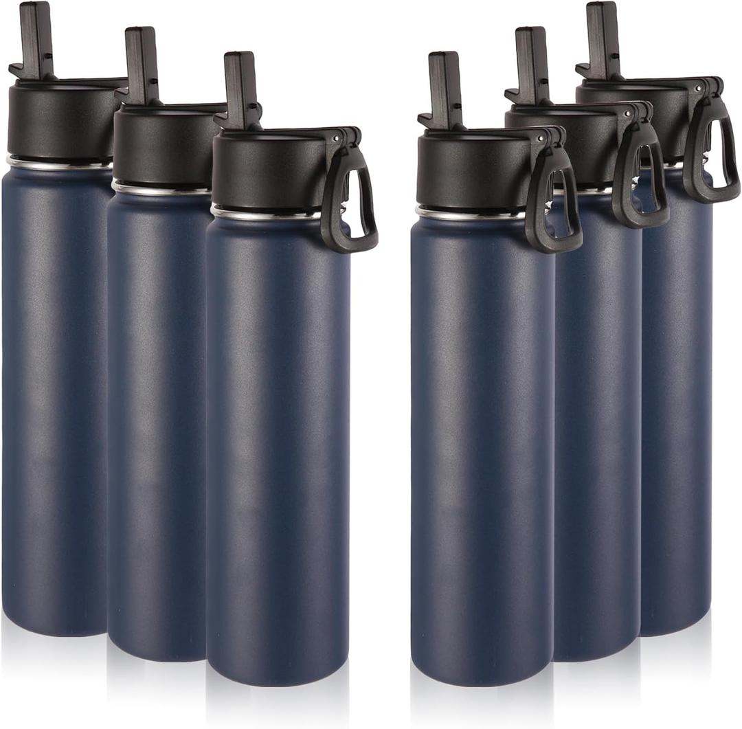 Volhoply 24oz Insulated Water Bottle With Straw Bulk 6 Pack, Metal Wide Mouth Water Bottles With Handle Lid Keep Cold, Reusable Double Wall Thermos, Powder Coated Sport Bottle For Holder(Navy, 6 Count)