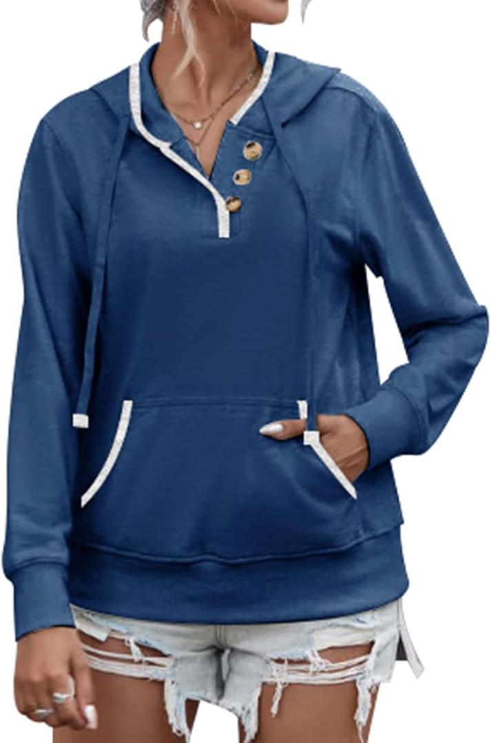 Women's Hoodies Casual Long Sleeve Hooded Sweatshirt Button Collar Drawstring Sweatshirt Pullover (Blue, L)