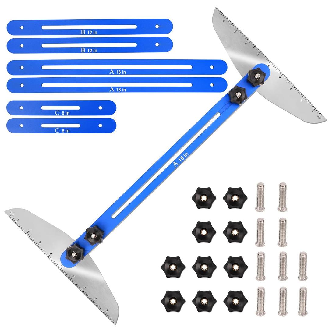 Stair Tread Template Tool, FEITON Stair Gauge Set Shelf Layout Measuring Scribe Tool for Stairs, Risers, Partitions, Self and Cutting Drywall (Blue)