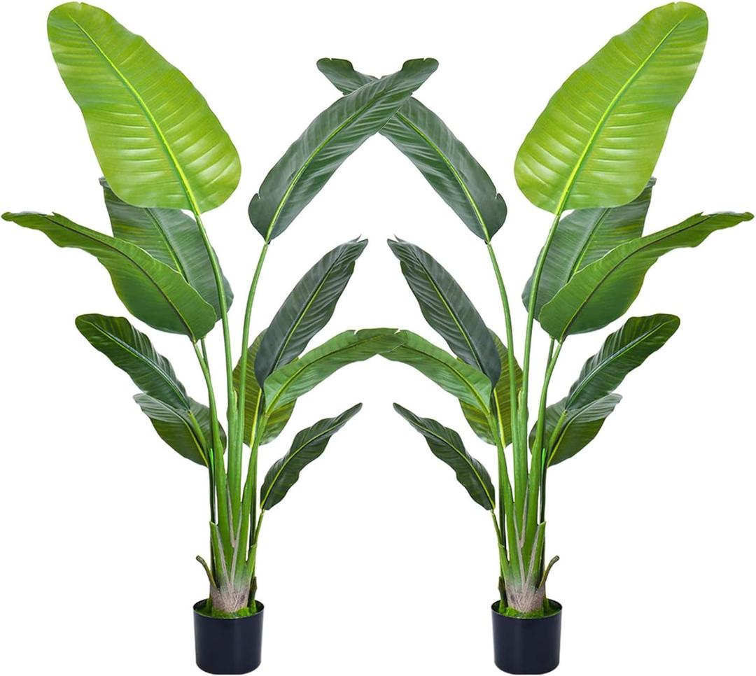 Artificial Bird of Paradise Plant, Green Leaves,Adjustment-Free Branches Artificial Tree for Indoor Outdoor Home Decor (6FT-2Pack)