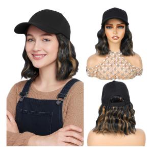 GUOJIAN Hat Wigs for Women 6' Short Wave Baseball Cap Wigs with Curly Hair Extensions Synthetic Wave Wig Adjustable Hat with Hair Attached for Daily Use (1B/27, 6inch)