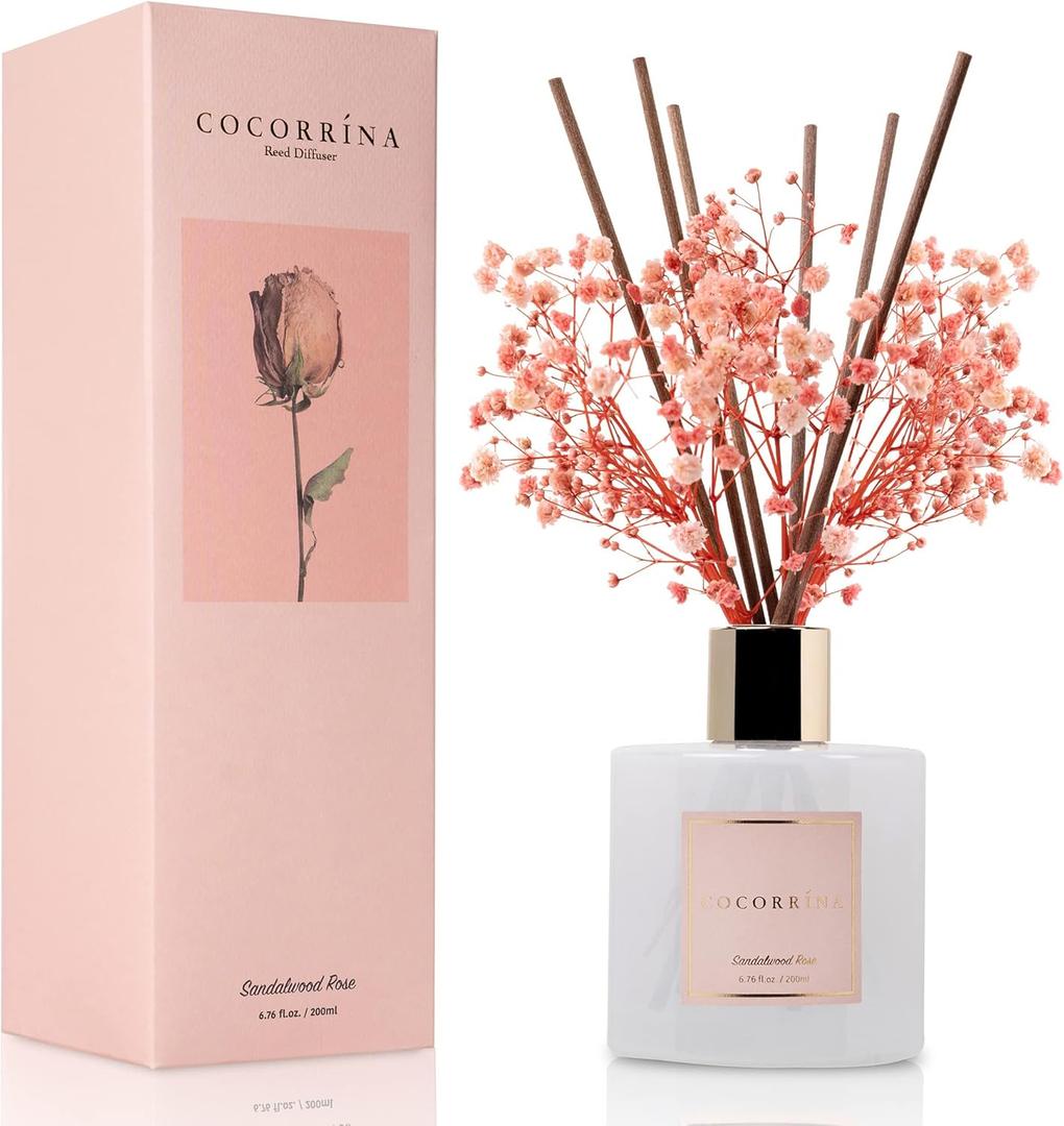 Cocorrna Premium Reed Diffuser Set with Preserved Baby's Breath & Cotton Stick Sandalwood Rose | 6.7oz Scent Fragrance Oil Diffuser for Bedroom Bathroom Home Décor