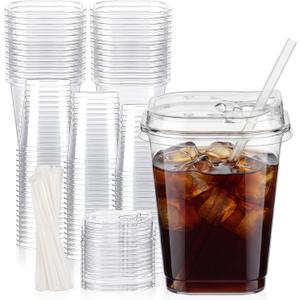 100 Set 16 oz Clear Square Plastic Cup with Lids and Straws Disposable Iced Coffee Cups Plastic Smoothie Cups with Lids for Cold Drinks Iced Coffee Smoothies Milkshake