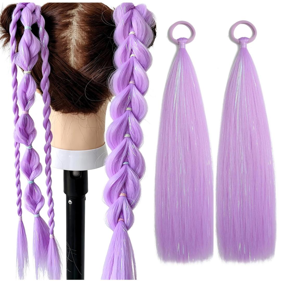 Colored Hair Extensions Purple Ponytail Extension 2 Packs, 20 inch Crazy Hair Day Accessories for Women, DIY Festival Wacky Rave Braids,Tinsel Mixed