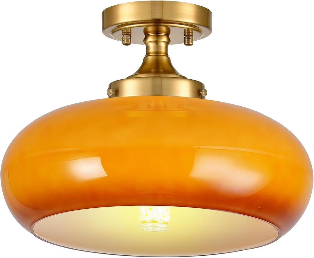 Mid Century Modern Semi Flush Mount Ceiling Light, Orange Vintage Glass Ceiling Lamp for Kitchen Hallway Living Room Entryway Bathroom Light Fixture