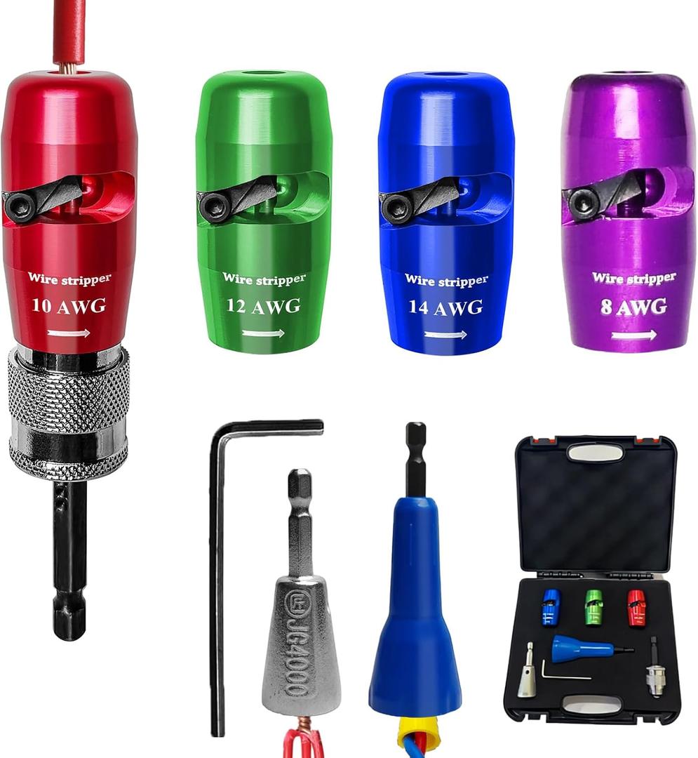 Wire Stripper for Drill for Inteior AWG 14 12 10 8 Gauge Set, US Electrical Wire Stripping and Twisting Tool, Drill Wire Stripper Nut Twister Tool (Blue Green Red Purple, AWG 14 12 10 8)