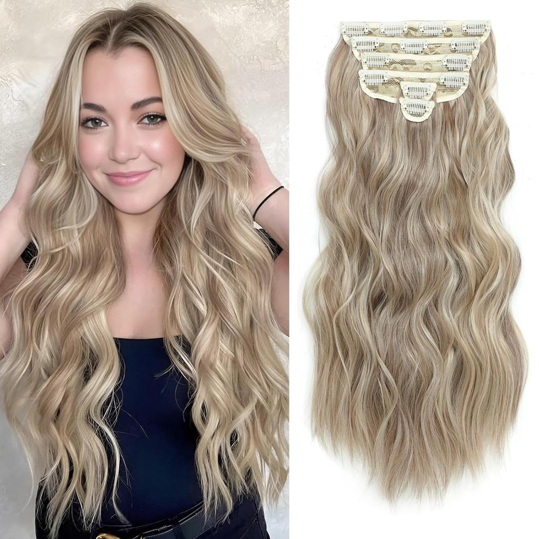 Clip in Hair Extensions for Women, 6PCS Long Wavy Curly Clip on Hair Extensions 20 Inch Dirty Blonde Mixed Gold Synthetic Hairpieces
