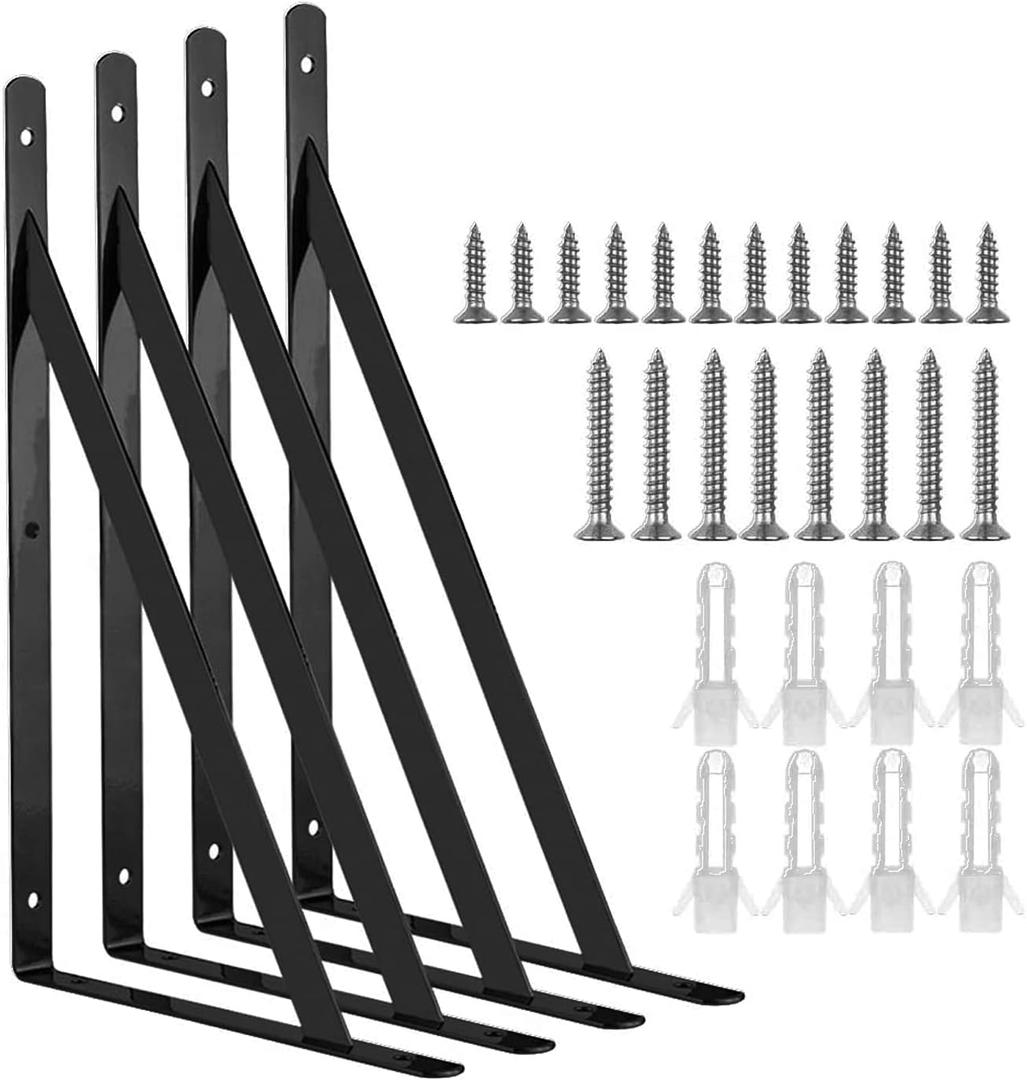 Acrux7 Black Shelf Brackets 8 x 5 Inch, 4 Pack Heavy Duty L Brackets for Floating Shelves - Metal Support Angle Brackets