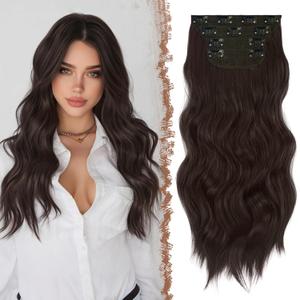 FESHFEN Clip in Hair Extensions - 4 PCS Long Wavy Thick Clip in Hairpieces Full Head Synthetic Hair Extension for Women, Dark Brown 20 Inch