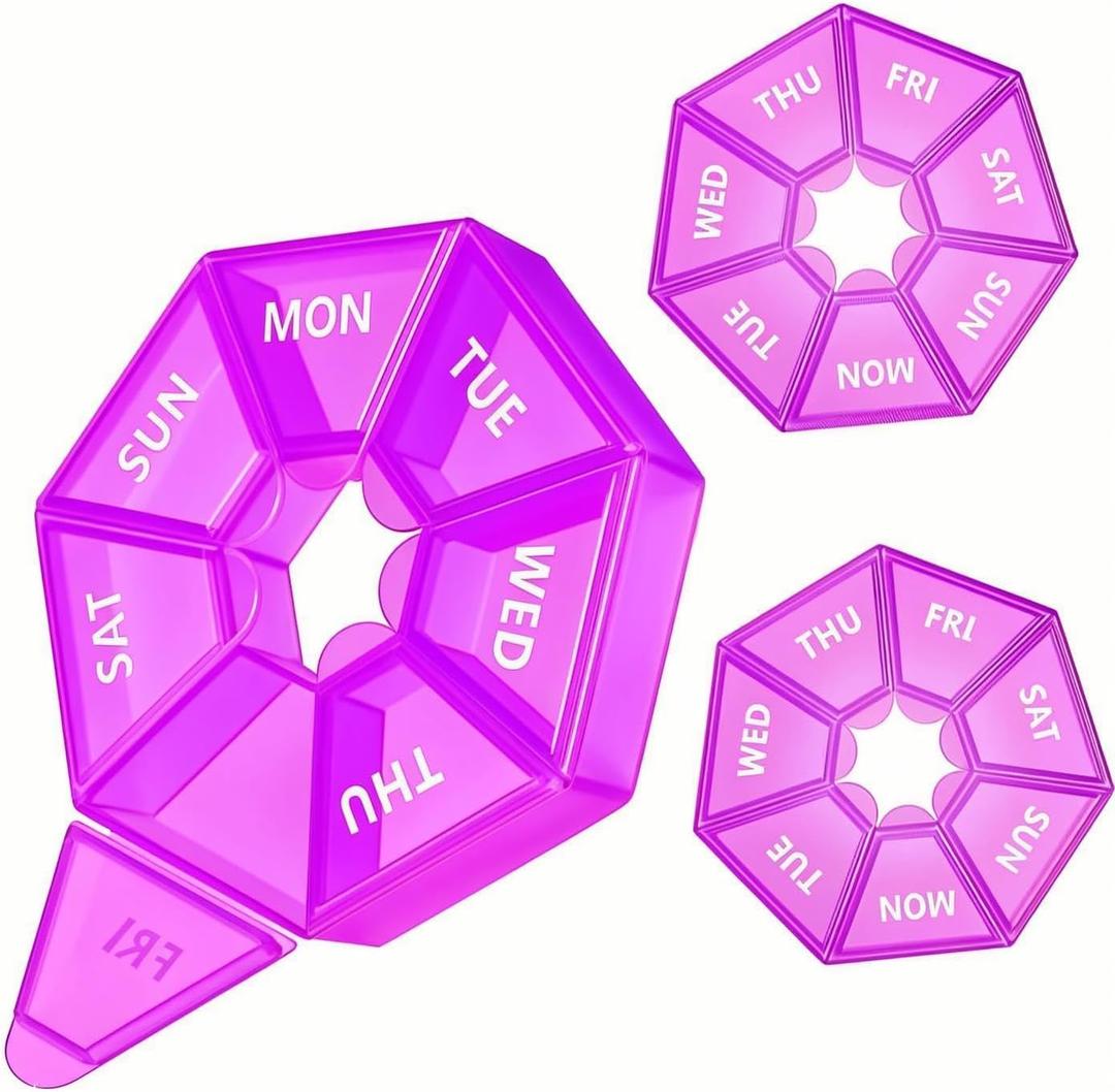 3 x Travel Weekly Pill Organizer - Portable 7-Day Dispenser for Vitamins, Fish Oil,Pills and Supplements -(Purple)