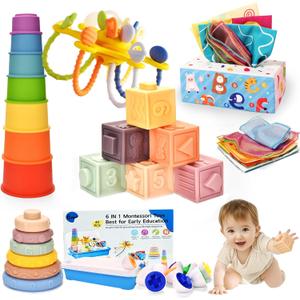 Baby Toys 6-12 Months,Montessori Toys for 6-9-12 Month old,6-in-1 Sensory Toys Stacking Cups Building Blocks,Teething Pull String,Tissue Box Toys for Babies 6-9-12,18-24 Months,1-3 Year old Baby Gifts