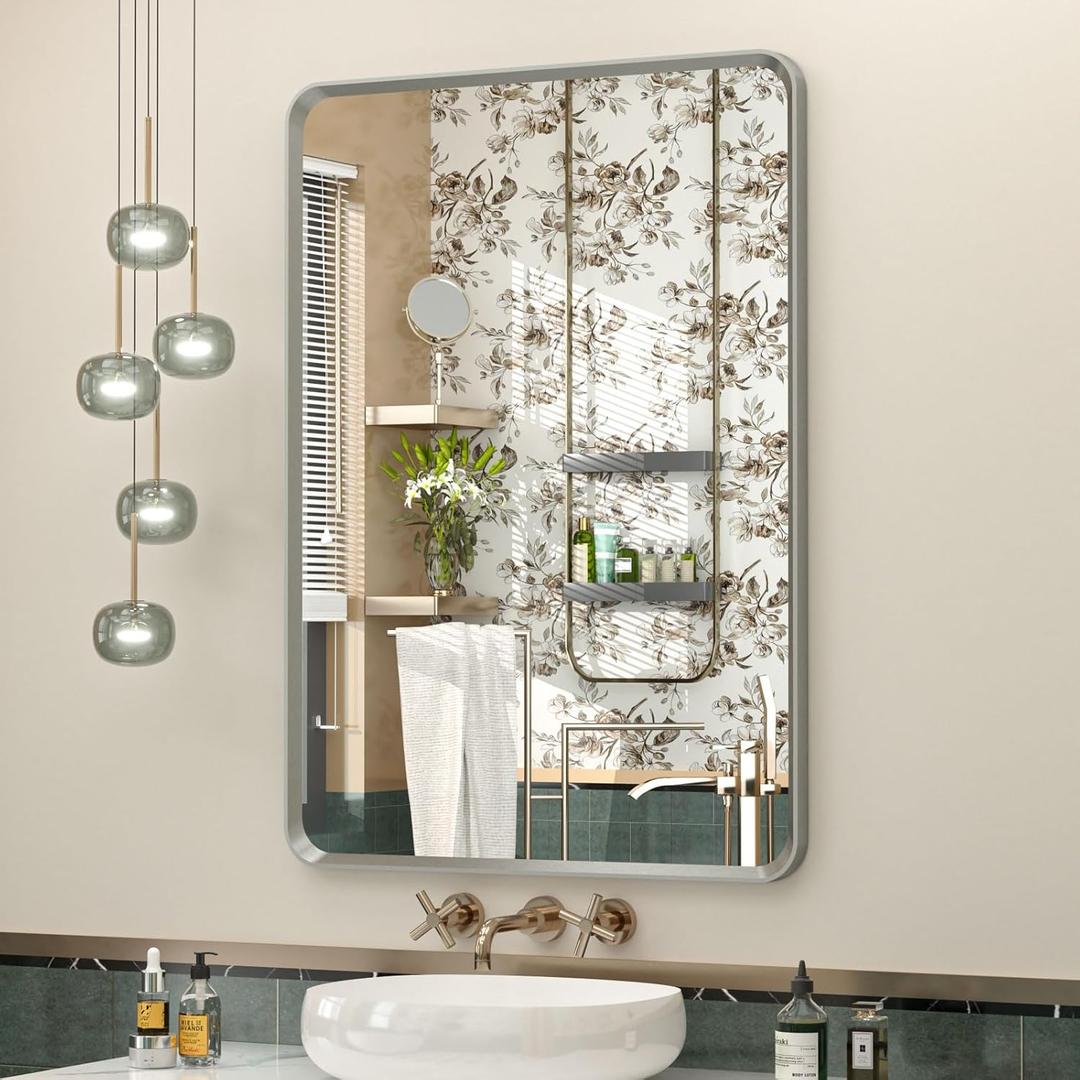 OKPAL 20 x 28 Inch Silver Bathroom Mirror, Rounded Rectangle Silver Vanity Mirror, Beveled Brushed Nickel Framed Mirror for Wall, HD Glass, Anti-Rust Aluminum Alloy Mirror