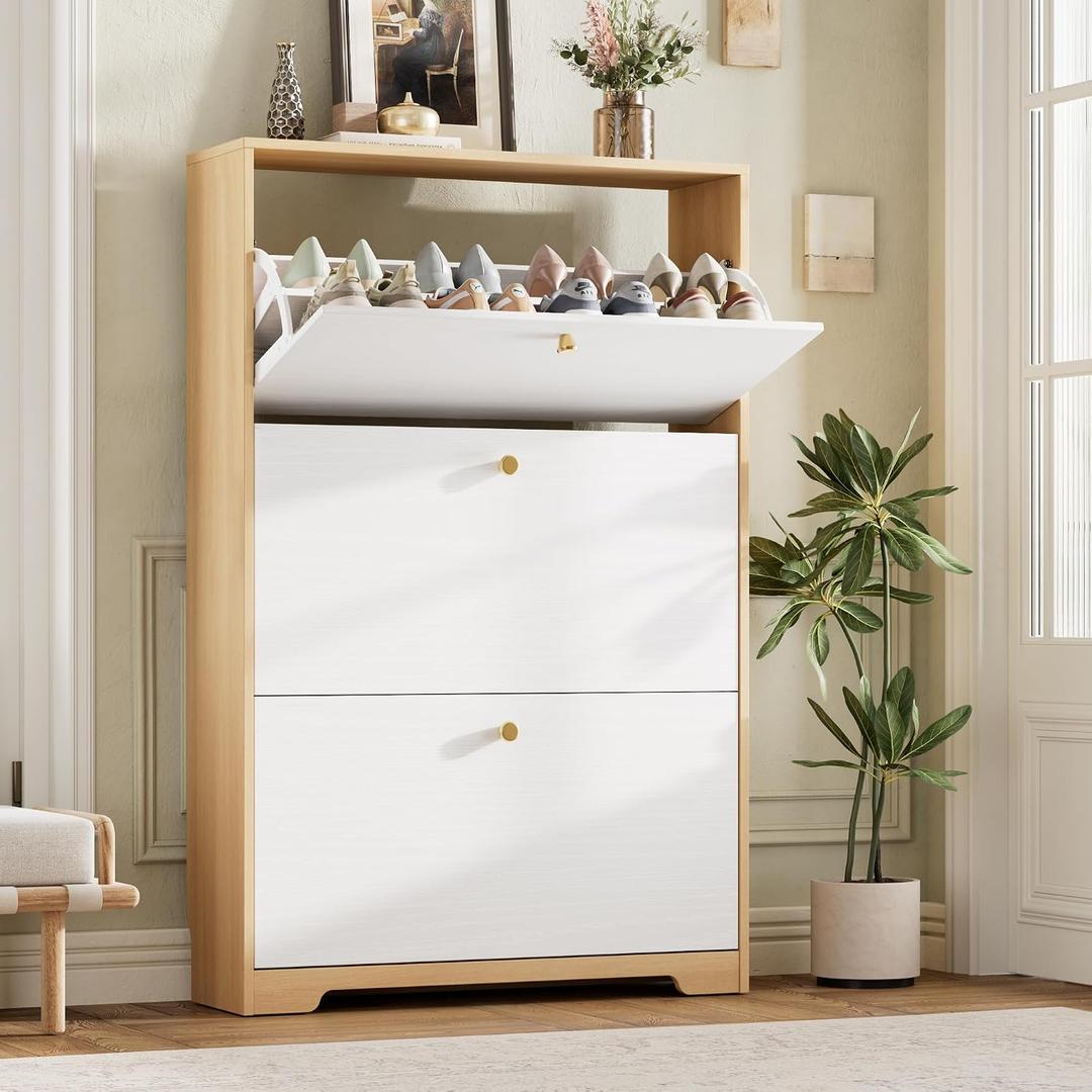 Nicetree Shoe Storage Cabinet for Entryway, Modern Shoe Cabinet, Freestanding Shoe Rack Cabinet, Hidden Shoe Dresser for Hallway,Foyer, Natural Oak and White, 3-Drawers