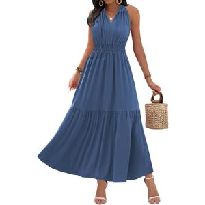 ZAFUL Women's 2025 Summer Casual Midi Dress Sleeveless Adjustable V Neck Elastic Empire Waist Smocked Ruffle Tiered Dresses (Blue)