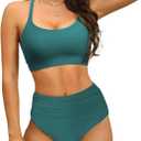 Women's High Waisted Bikini Sets Sporty Scoop Neck Cross Back Bathing Suit Two Piece Swimsuits for Women (Blue), Small