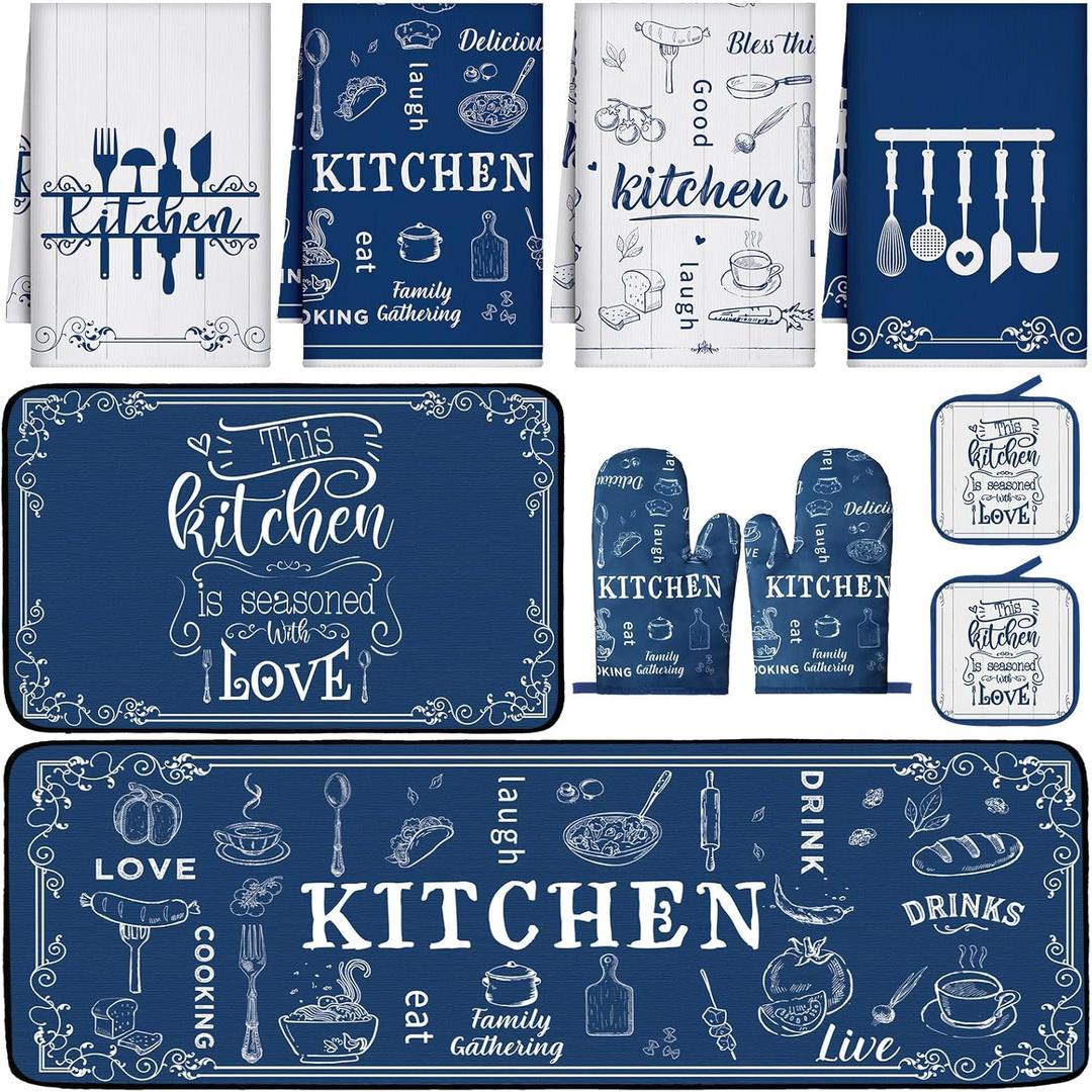 10 Pcs Farmhouse Kitchen Decor Set 4 Navy Blue Kitchen Dish Towels 2 Blue and White Pot Holders 2 Oven Mitts 2 Rustic Rugs Mats for Floor for Home Decorations Cooking Baking Mom Gifts Accessories