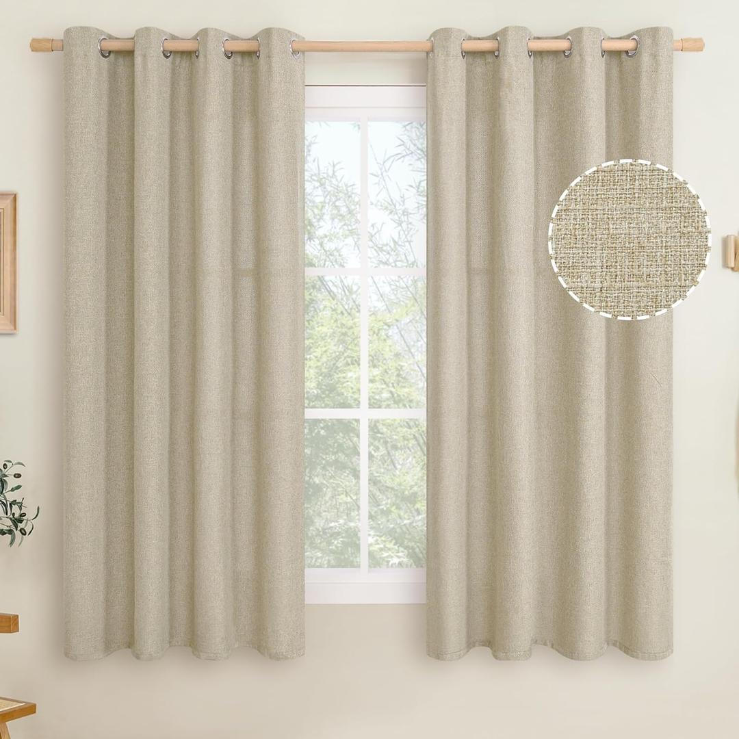 LAMIT Camel Linen Bedroom Curtains 63 inches Long, Grommet Thermal Insulated Soft Thick Curtains Burlap Light Filtering Panels for Living Room/Farmhouse, Set of 2 Panels, W52 x L63