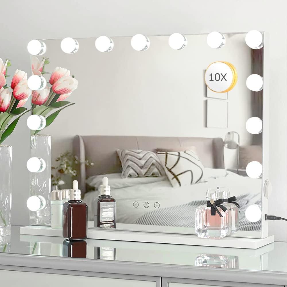 Kucitup Lighted Vanity Mirror with 10X Magnification, 15 Dimmable LED Bulbs, Touch Controls - Wall or Tabletop (White)