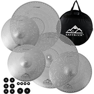 EASTROCK Low Volume Cymbal Pack - 5 Piece Set, 14" Hi-Hat + 16" & 18" Crashes + 20" Ride with Cymbal Bag and Felts (Silver)