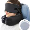 Travel Pillow for Long Flight Airplanes, Head Strap with Soft Eye Mask for Sleep, Memory Foam Travel Neck Pillow for Car Trip Essential, 360° Headrest Support to Stop Bobblehead, EVA Travel Case, Grey
