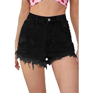 Metietila Women's High Waisted Stretchy Denim Shorts Ripped Raw Hem Summer Jeans Shorts Black L