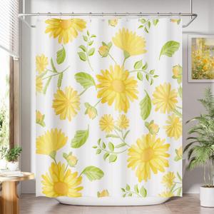 AmazerBath Floral Shower Curtain, Washable Cloth Shower Curtain Sets with 12 Shower Curtain Hooks, Fabric Rustic Yellow Gerbera Flower Eucalyptus Fall Shower Curtains for Bathroom Decor, 72x72 Inches