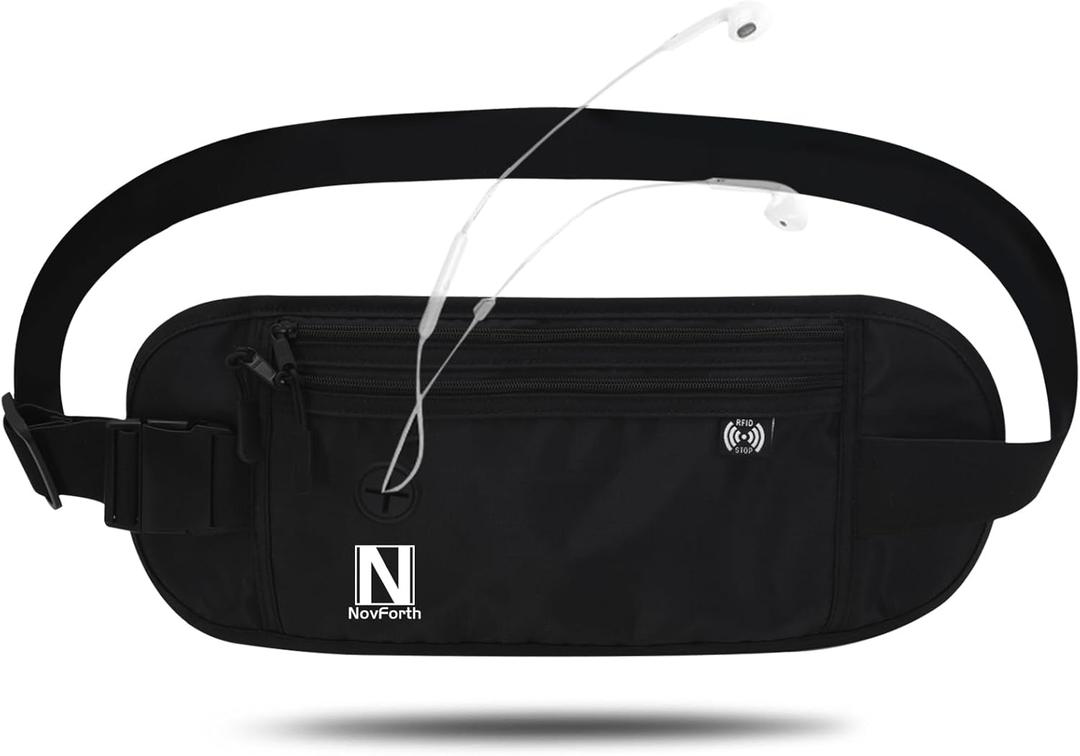 NovForth RFID Travel Money Belt - Anti-Theft Passport Holder Waist Pack with Large Capacity, Waterproof Fanny Pack for Men & Women, Adjustable Waist Wallet for Airport Security & Travel Accessories (Black)