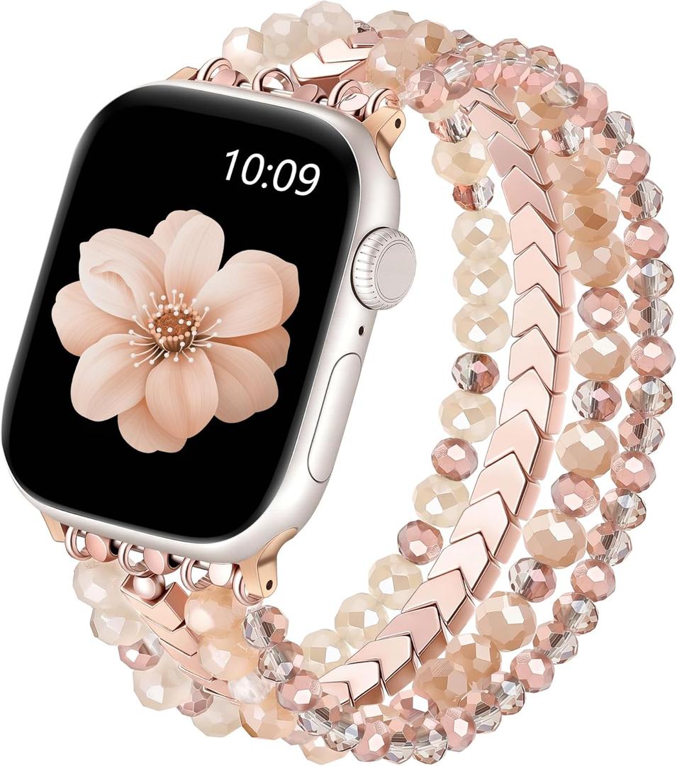 Lerobo Beaded Bracelet Watch Band Compatible with Apple Watch 42mm 41mm 40mm 38mm 44mm 45mm 46mm for Women Girl iWatch Series 11 10 9 8 7 6 5 4 3 SE 3 2 1, Cute Dressy Smartwatch Strap