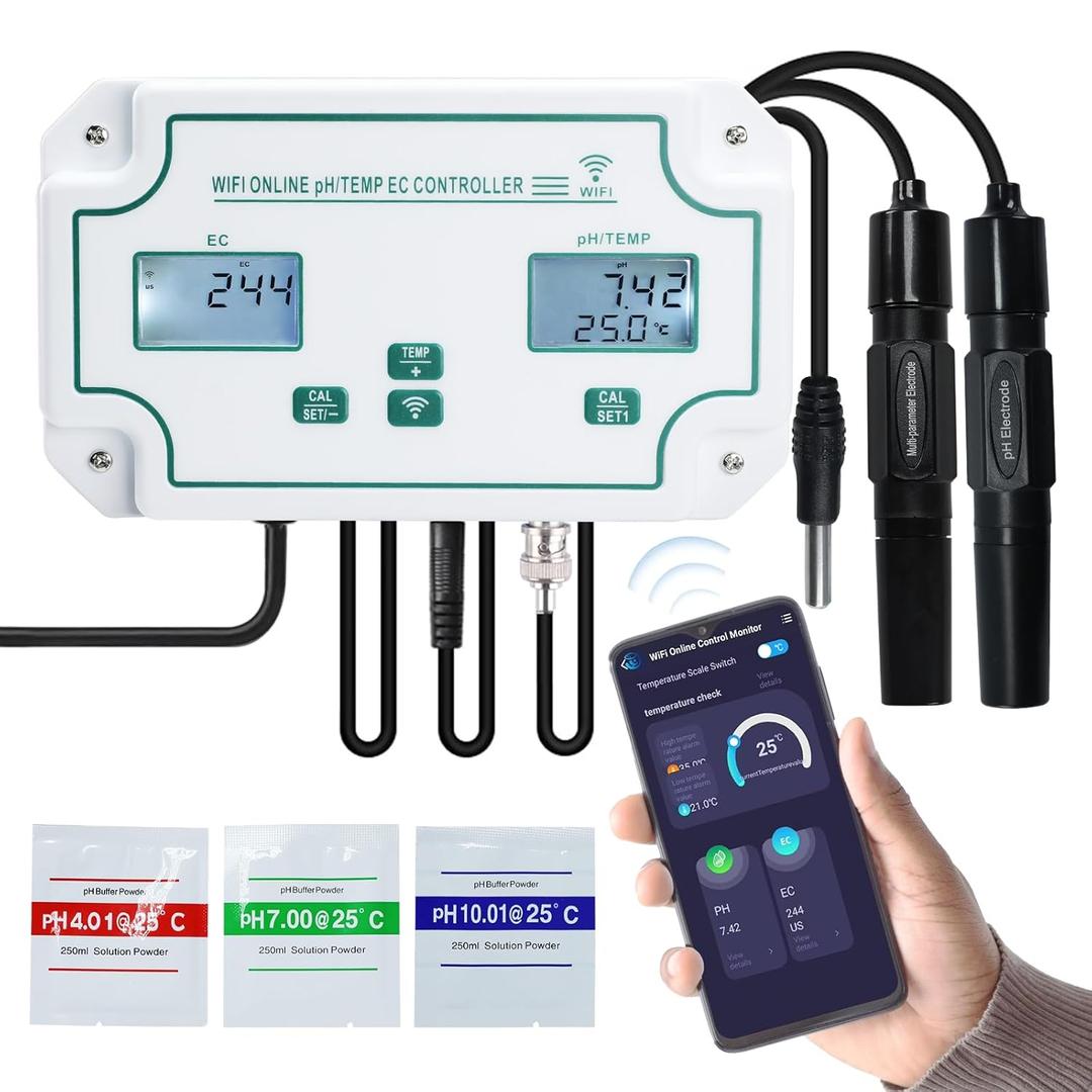 Smart 3-in-1 pH, EC & Temperature Water Quality Monitor with App Control  Continuous Online Tester for Hydroponics, Aquariums, Pools, Labs & Aquaculture