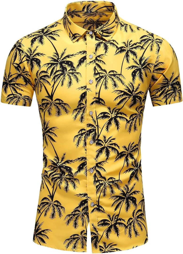 Men's Printed Beach Hawaiian Button-Down Slim fit Dress Shirt (Medium, Yellow 9019)