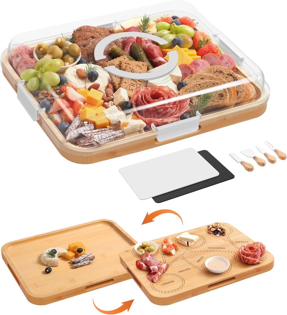 Charcuterie Board with Clear Lid, 2-in-1 Bamboo Cheese & Cutting Board for Kitchen with Single Storage, Covered Snack Serving Tray, Includes 2 Plastic Cutting Mats & 4 Cheese Knives, Hostess Gifts