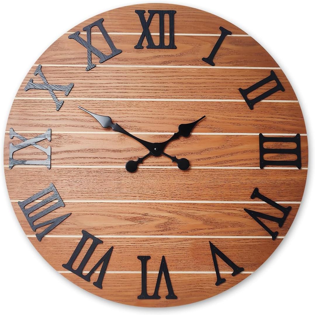 Brown Decorative Wall Clocks for Living Room 16 Inch Solid Wood Clocks Battery Operated Large Farmhouse Wall Clock Silent