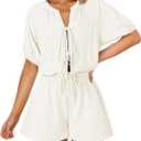 Fixmatti Women Summer Romper - Self Tie V Neck Casual Jumpsuit (Medium, Light White)