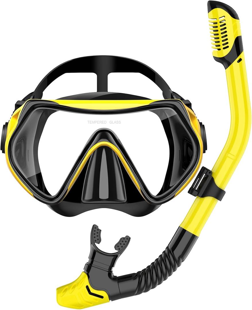 Snorkeling Gear for Adults, Snorkel Set Scuba Diving mask Dry-Top, Adult Swimming Goggles with Nose Cover, HD Tempered Glass Panoramic Anti-Leak Anti-Fog (Yellow)