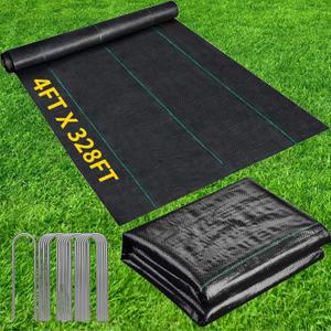 4FT X 328FT Garden Weed Barrier Landscape Fabric Heavy Duty Ultra Thick Premium Weeds Control Mat Ground Cover Weed Block Gardening Mat, 20 Ground Stakes Included