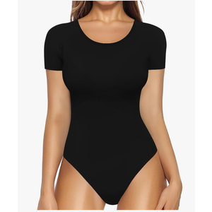MANGOPOP Round Neck Short Sleeve Long Sleeve Bodysuits for Women Basic Body Suit Shirts Tops L