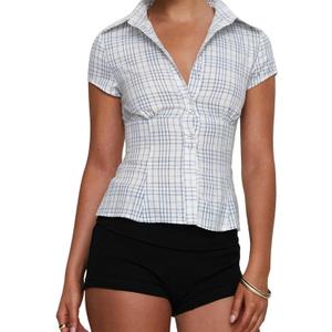 Women's Plaid Shirt Button-up Short Sleeve Collared Slim Fit Casual Summer Blouse Tops (Blue, M)