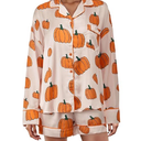 MBZJSDKHLK Women's Halloween Pajamas Set Silk Satin Ghost Pumpkin Print Long Sleeve Button Down Shirt 2 Piece Pjs Shorts Sets, L