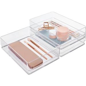 STORi SimpleSort 3-Piece Stackable Clear Drawer Organizer Set | 9" x 6" x 2" Rectangle Trays | Wide Makeup Vanity Storage Bins and Office Desk Drawer Dividers | Made in USA