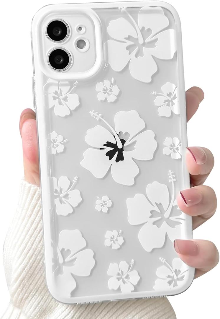 Lovmooful Compatible for iPhone 11 Case Clear Cute Floral Flower Hibiscus with Color Edge Design for Girls Women Soft TPU Shockproof Protective Girly for iPhone 11 Case-White